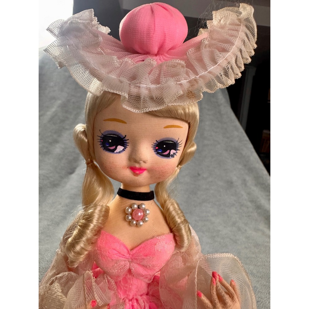 Vintage Bradley Style Pose Doll Pink Lace Dress Blonde Hair Large Eyes 1960s 70s